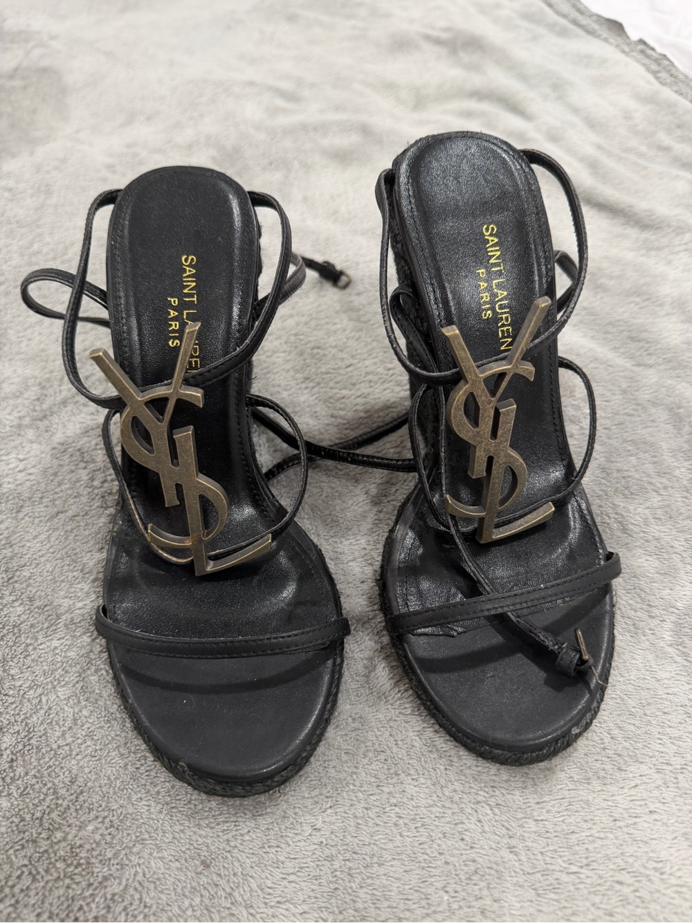 Saint Laurent Black Leather YSL Logo Lace-Up Heels